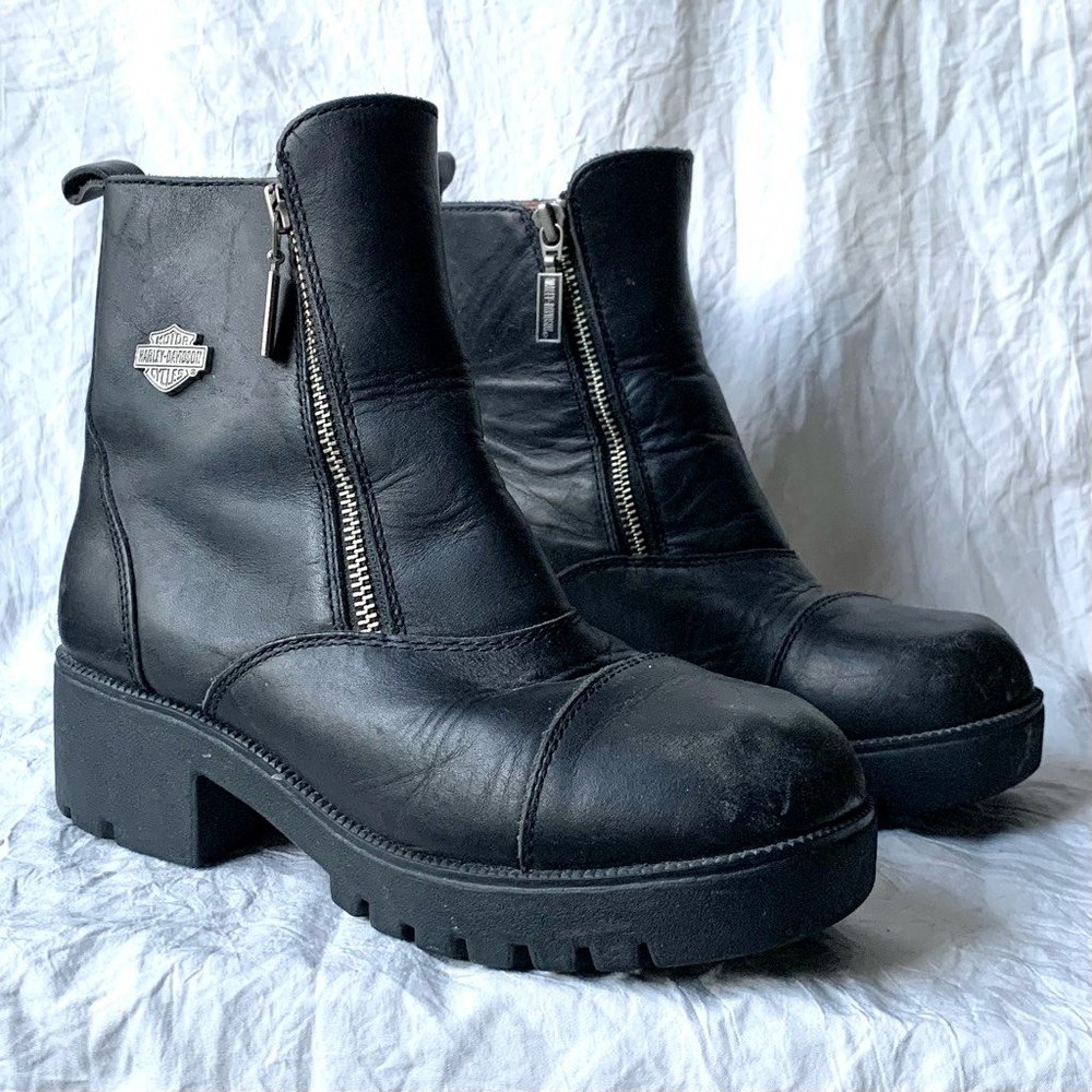 Harley-Davidson Womens Motorcycle Boots Black Leather Zip Pull Tab Medallion 7
